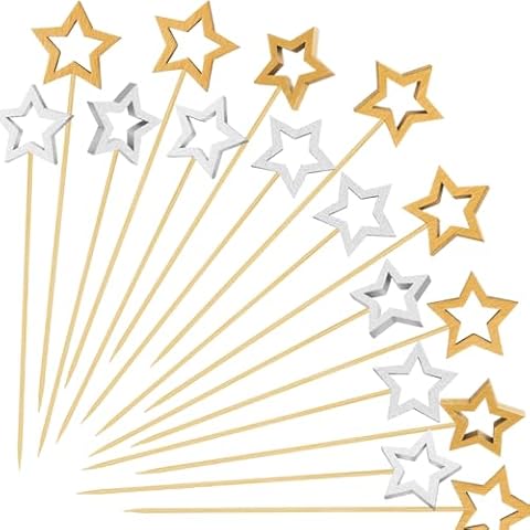 100PCS Star Bamboo Cocktail Picks Kit, 5.5 Inch Long Fancy Toothpicks for Appetizers, Holiday Decorative Skewer Sticks for Fruits Drink Party Decorations (50 Gold+ 50 Silver) Cover