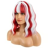 BERON 14 Inches White Red Wig with Bangs Short Curly Wig Flag Wigs White Mix Red Curly Wigs for Women Daily Party or Cosplay Hairnet Include