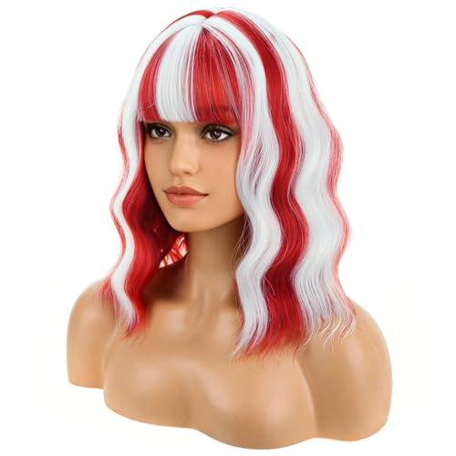 BERON 14 Inches White Red Wig with Bangs Short Curly Wig Flag Wigs White Mix Red Curly Wigs for Women Daily Party or Cosplay Hairnet Include
