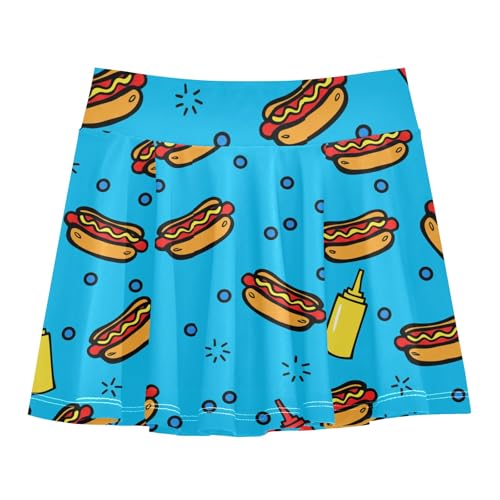 CHIFIGNO Cute Cartoon Hot Dogs Blue Girls Tennis Skort Athletic Golf Skirts High Waisted Sport Skirt with Shorts Size 5-6
