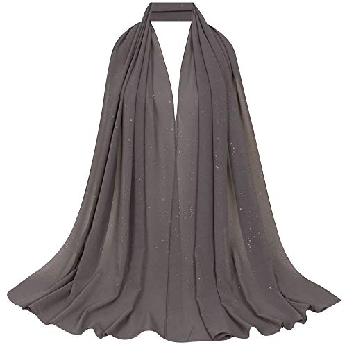 Editha Women Glitter Sequins Solid Chiffon Muslim Headscarf Turban Lightweight Breathable Jersey Hijab Scarf Shawl Wrap 2985 Dary grey