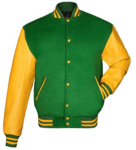 Brutul Bee Original Leather Varsity Letterman Jackets Baseball Varsity Jackets Wool And Leather Original American Style Varsity Letterman Jackets (Kelly Green/Gold, Large) #TOP2