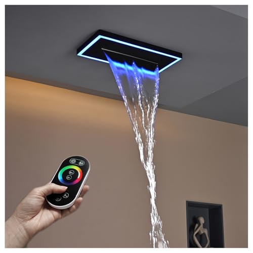 PINCHU Cabezal De Ducha LED Rectangular De 40 X 20cm Cabezal De Ducha De Techo Tipo Cascada, Acero Inoxidable 304, con Control Remoto Y 64 Luces De Colores