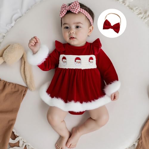 Newborn Baby Girl Christmas Outfit Santa Embroidery Romper with Headband Fur Trim Velvet Xmas Princess Dress3