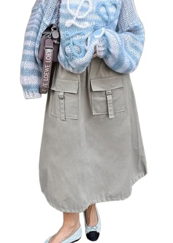 CHARTOU Women Fall Cotton Parachute Skirt Elastic Waisted Cargo Loose Long Skirts with Pockets