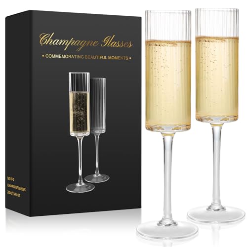Qulable Champagne Flutes Set of 2 - Elegant Champagne Glasses for Champagne, Prosecco, Wedding Engagement Gifts for Women, 210ml Vertical Stripe Glasses for Anniversary, Christmas (2, Wide Stripe)