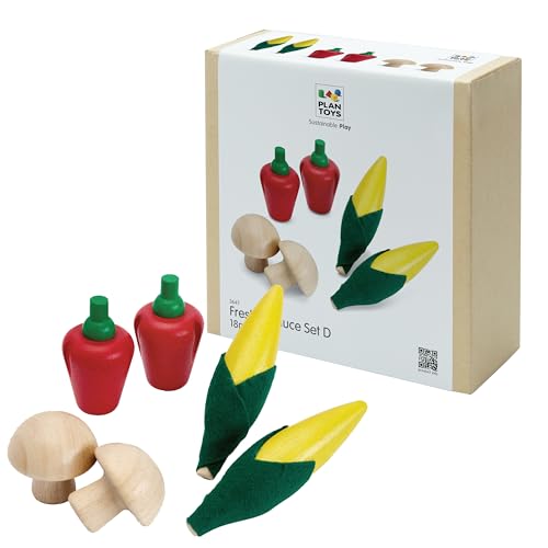 Image of PlanToys Wooden Fresh Produce Corn, Mushrooms & Bell Peppers Kids Play Set | slicing, knife, fruits and vegetables toys, pretend food, girls, boys, fine motor role imaginative social gift preschool