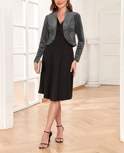 Image of Women's Long Sleeve Velvet Shrug for Dresses Cocktail Party Open Front Cropped Bolero Cardigan Top