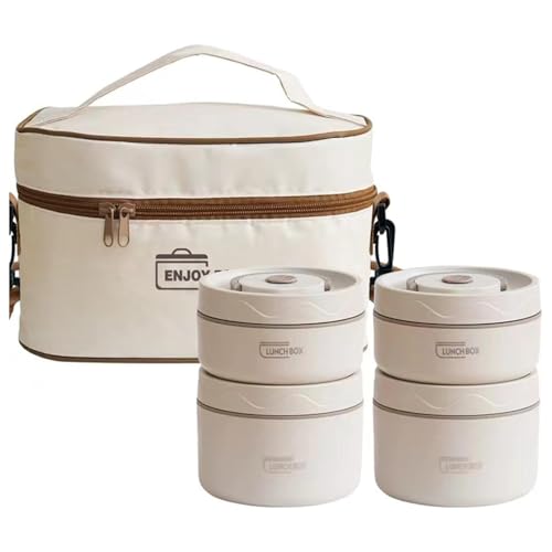 TenSteed Stainless Steel Bento Box, Microwavable Thermal Lunch Box, Portable Insulated Food Lunch Container Set with Bag,4 Separate Stackable Lunch Container for Adult Kids Men Women (beige)