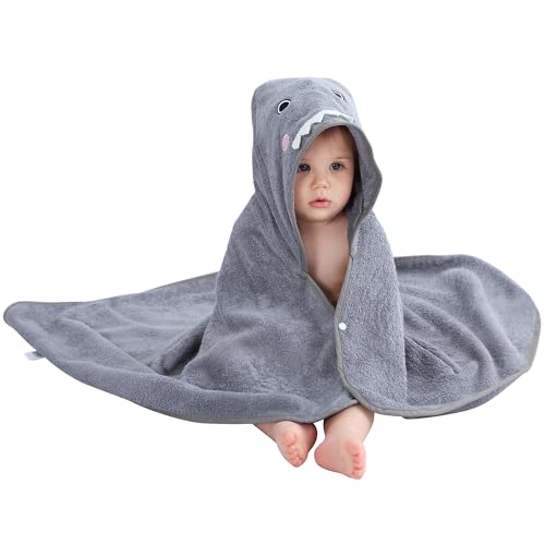 HAHASHOW Toalla de Baño con Capucha de Viscosa de Bambú para Niño y Niña, Toalla con Lindo Diseño de Animal, Toallas Grandes y Absorbentes para Niños Bebés Recién Nacidos,Tiburón Gris 75 * 100 cm