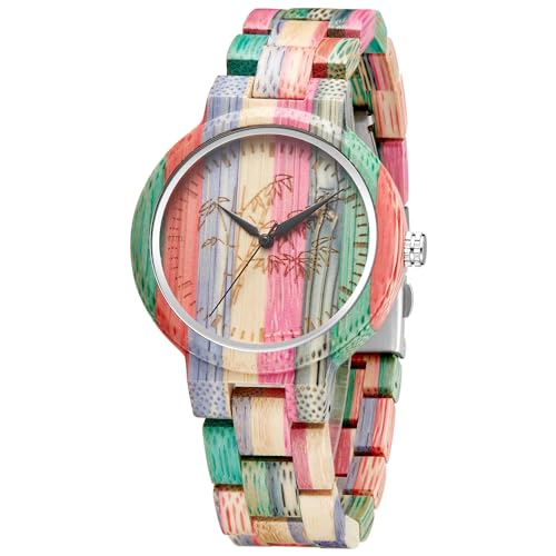 Tiong Colorful Wooden Watch Womens Engraved Bamboo Pattern Full Wood Watches Wood Strap Quartz Watch for Women(QW1087)