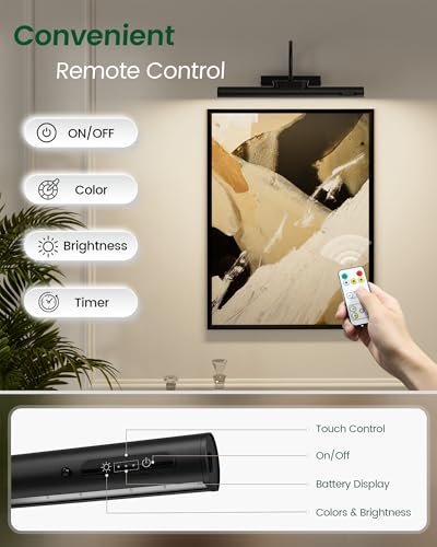 Bridika Picture Light Battery Operated, 19.7in Picture Lights for Wall, 3 Colors & Brightness Dimmable, Rechargeable Art Light for Paintings Photo Dartboard Gallery Bedroom Bathroom Black
