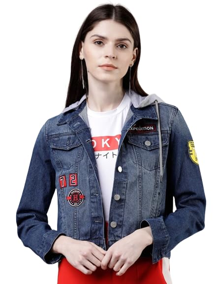 Women Blue Solid Jacket | Denim Hooded Jacket - Main Image