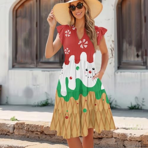 Image of Women's Casual Ruffle Sleeve Dress V Neck Pullover Dress Flowy A-Line Pleated Lightweight Dress with Pockets
