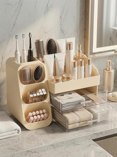 Image of Booklov Makeup Organizer for Vanity, Large Capacity Cosmetic Display Case with Clear Acrylic Drawer, Countertop Beauty Storage Holder for Skincare, Brush Eyeshadow Lipstick Counter Desk, Crystal Cream