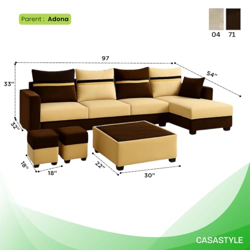 Image of CASASTYLE Wallis 8 Seater Fabric RHS L Shape Sofa Set with 1 Centre Table & 2 Puffy (Cream- Brown) | Velvet Finish | Comfortable Sectional Sofa for Living Room
