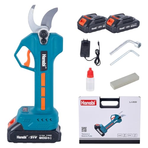 Hanabi Tesoura de Poda Elétrica Sem Fio Profissional 21V, 2 Baterias, 2,0Ah, Tesoura de Bateria 21V com Maleta, Diâmetro de Corte de 25 mm