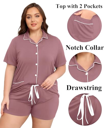 Image of SWOMOG Women Plus Size Pajamas Set Button Up Short Sleeve Top and Shorts Lounge Sleepwear Women Pjs Plus Size with 2 Pockets, Taro Purple