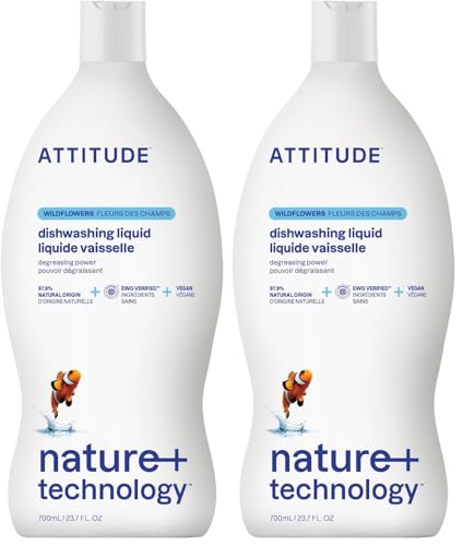 Image of ATTITUDE Dish Soap,EWG Verified,Plant-Based & Vegan Dishwashing Liquid,Naturally Derived,Wildflowers Scent,23.7 Fl Oz,(Pack of 2)