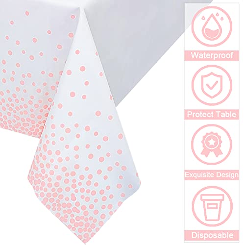 Image of Mulbozy 2 Pcs Rose Pink Dot White Plastic Tablecloth for Rectangle Table, Rose Pink Dot Confetti Party Table Covers for Baby Shower, Wedding, Anniversary, Birthday Party Decoration, 54 x 108 inches