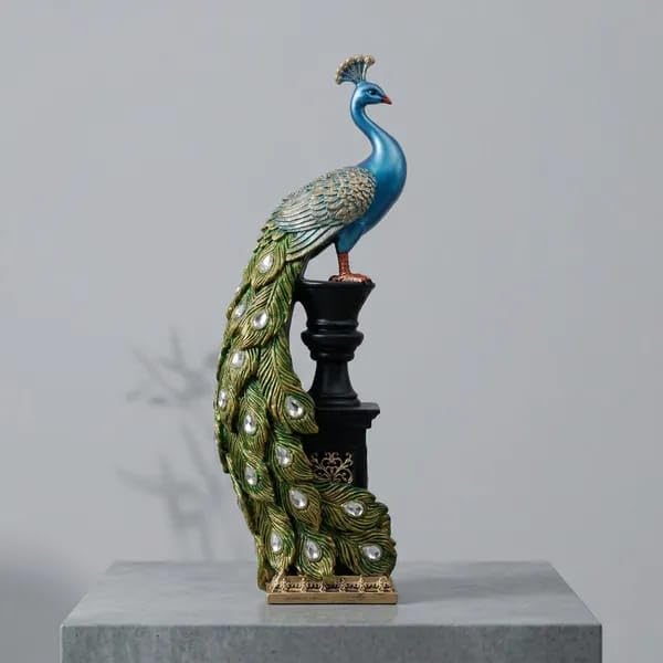 PEMEX Decorative Peacock Figurine Statue on Pedestal, Multicolour | Hand-Painted Detail, Resin Sculpture, Home Decor Showpiece, Tabletop Display, Ornate Gold Base-image-32