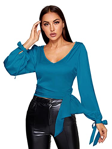 SheIn Women s Elegant V Neck Self Tie Knot Long Sleeve Satin Blouse Shirt Top Dusty Blue Small