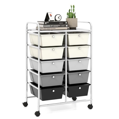LDAILY 10 Drawer Rolling Cart, Storage Cart Organizer on Wheels, Drawer Cart with Metal Frame & Large Storage Capacity, Rolling Cart with Drawers for Living Room Classroom, Office