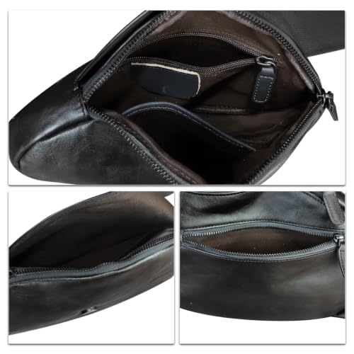 Image of IVTG Genuine Leather Sling Bag for Women Vintage Real Leather Sling Backpack Fashion Shoulder Crossbody Bags Chest Bags (Black)