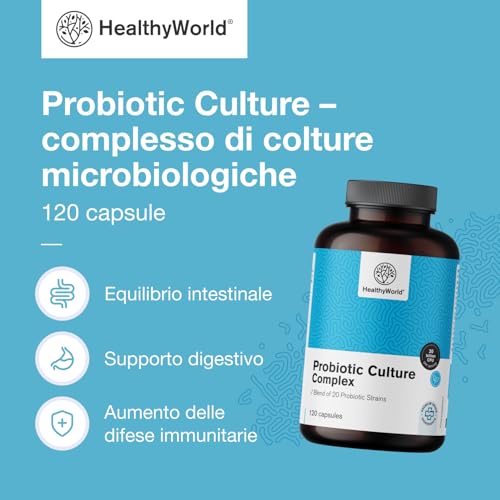 Healthyworld Probiotic Culture - Complesso Di Colture Microbiche - 120 Capsule Vegetali - Microflora Intestinale, Supporto Digestivo - 20 Miliardi Di Cfu Per Dose Giornaliera - Fornitura Per 2 Mesi - 4