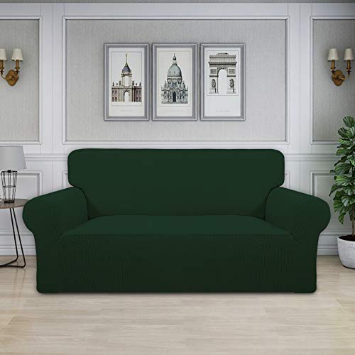 Image of Easy-Going Stretch Oversized Loveseat Slipcover 1-Piece Sofa Cover Furniture Protector Couch Soft with Elastic Bottom for Kids Polyester Spandex Jacquard Fabric Small Checks Dark Green