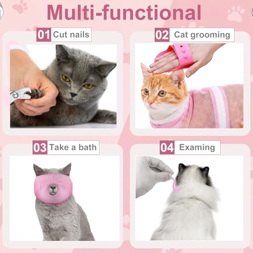 Image of 10 Pcs Cat Bathing Bag Set Mesh Shower Bag Anti Bite and Scratch Pet Grooming for Washing Brush, Cat Muzzle, Nail Clipper, Nail File, Tick Tool (Gray and Pink)