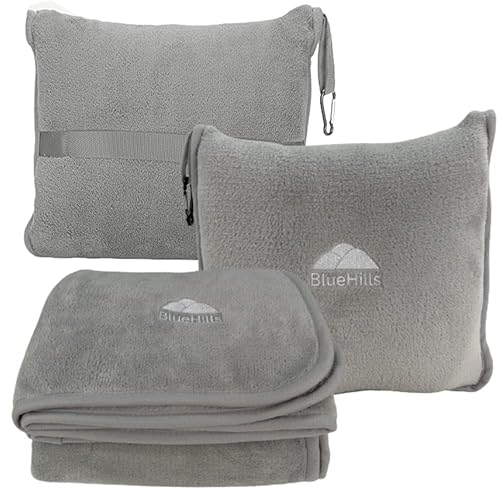 Image of BlueHills Premium Soft Travel Blanket Pillow Airplane Flight Blanket Throw in Soft Bag Pillow case with Luggage Belt & Backpack Clip Compact Pack Large Blanket - Light Gray T024
