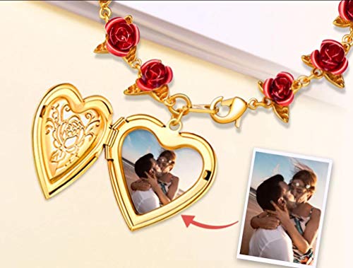U7 Valentines Rose Flower Bracelet Platinum Plated Link Chain Cute 12 Roses Floral Chain Bracelets With Heart Locket That Can Holds Memory Picture (Adjustable) #TOP1