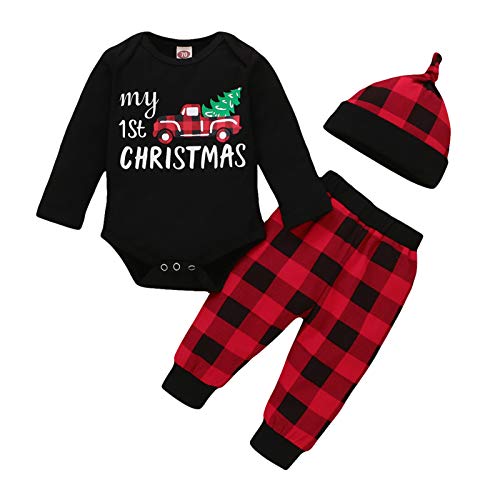 Image of Sinhoon My First Christmas Outfit Baby Boy Long Sleeve Truck Rompers Xmas Plaid Pants Hat Clothes Set (Black, 0-3 Months)