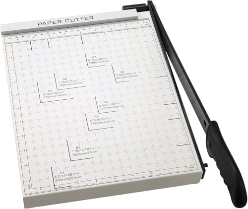 Taglierina per carta A4-B7, lunghezza di taglio 300 mm, taglierina a ghigliottina per cartone, base in metallo con blocco di sicurezza della lama e doppie guide, capacità 12 fogli (Bianco)