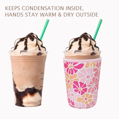 Image of Reusable Insulated Neoprene Iced Coffee Cup Sleeve, Durable Drink Sleeve for Cold Beverages, Beverage Holder for Iced Coffee (Blush Petals)
