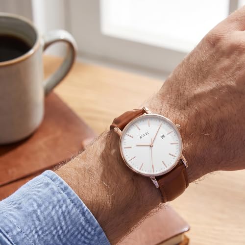 Image of BUREI Men's Fashion Minimalist Wrist Watch Analog Date with Leather Strap