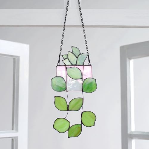 Aizesuro Handmade Stained Glass Succulent Plant Window Hanging, Tiffany Style Indoor Wall Window Panels Decor, 10.47 * 5.1 inch