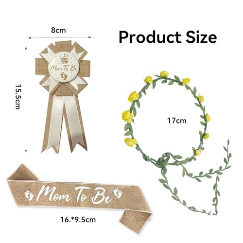 Image of 3PCS Mom to Be Sash Mom to Be Pin, Neutral Burlap Maternity Sash Corsage Pin and Flower Crown Headband, Boho Style Mommy to Be Sash for Baby Shower Sash Pin Set for Pregnant Keepsake Gifts