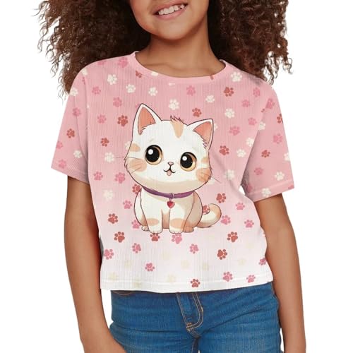 Image of Girls Summer Crop Top Outfits Short Sleeve T Shirts Kids Cute Clothes Tees Blouse