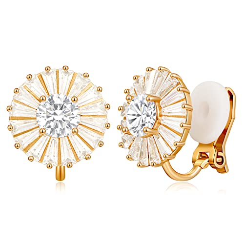 AllenCOCO 14K White Gold Plated CZ Halo Clip On Stud Earrings, Sparkling Round Cubic Zirconia Non Pierced Clip-Earrings For Women Girls