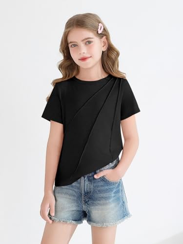 Haloumoning Girls Pleated Short Sleeve T Shirts Kids Summer Fashion Crewneck Tees Tops 5-14 Years2
