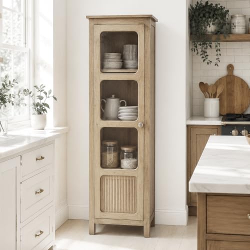 Image of The Attic Crestwood 1 Door Kitchen Cabinet, Multipurpose Cabinet for Bedroom Living Room Study bar, Solid Wood Bookshelf Kitchen Cabinet, Light Teak Matte Finish Glass