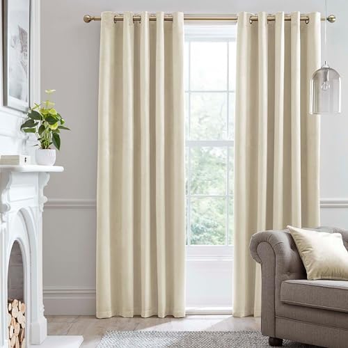 Laurence Llewelyn-Bowen Montrose Ivory Velvet Eyelet Curtains – W90 x L72 (229 x 183cm) – 2 Panels – Thermal Blackout Drapes – Cream Window Treatment for Bedroom – Soundproof – Soft Luxury Fabric