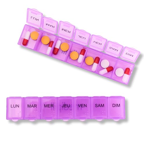 MEDIPILL - Pilulier Semainier Français | Pilulier 7 jours - 7 Compartiments | Compact et Durable | Sans BPA | Violet | Une Pièce | MED-S7-V