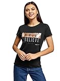 Anlass: Casual oodji Ultra Damen Baumwoll-T-Shirt mit Druck und Unbearbeitetem Saum, Schwarz, DE 36 / EU 38 / S