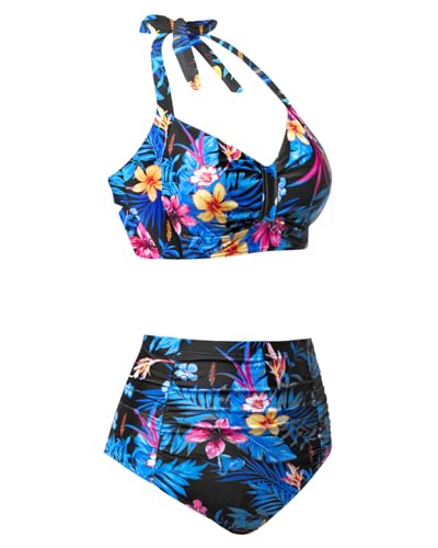 Image of Holipick Women High Waisted Bikini Set Two Piece Swimsuit Tummy Control Bathing Suit Vintage Halter Swimwear