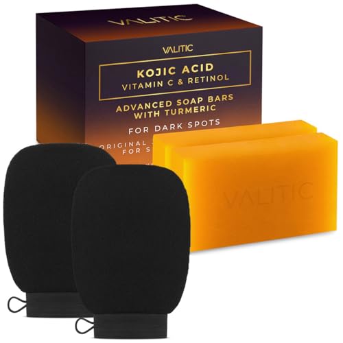 VALITIC 2 Pack Kojic Acid Vitamin C & Retinol Soap Bars for Dark Spot Bundle with 2 Black Exfoliating Gloves for Body Scrubs