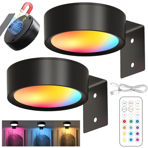 LUKIUP 2 Piezas Recargable Aplique Luz Cuadros Sin Cable, 2600mAh Lampara Pared Focos, Cuadro Mando a Distancia Regulable, Luz Magnética LED para Marco Pared Luces Artísticas Para (Negro)