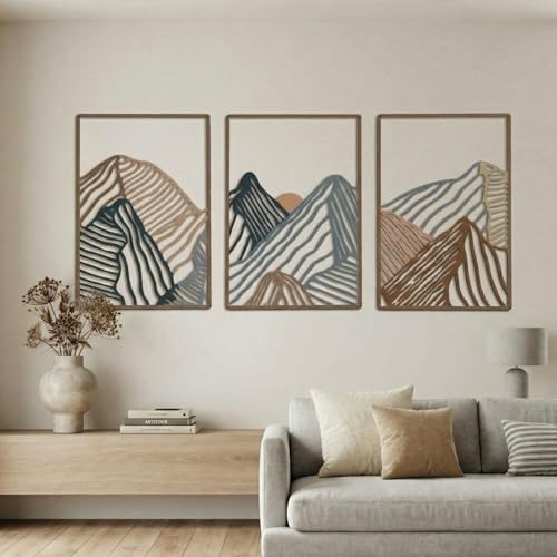 Peryiter 3 Pcs Metal Wall Art Decor Landscape Mountain Wall Hanging Decor for Living Room Abstract Minimalist Modern Mountain Line Pictures Bathroom Office Home Gifts Indoor(Vibrant Colors)